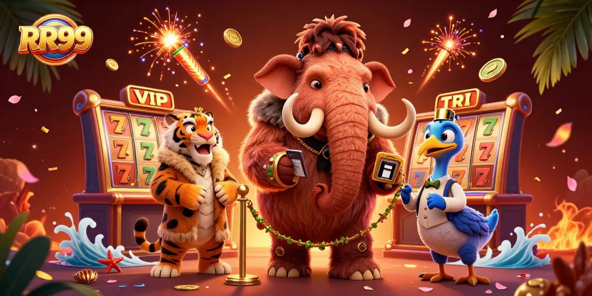 RR99 casino scene with a woolly mammoth bouncer checking IDs, showcasing dynamic slot elements.