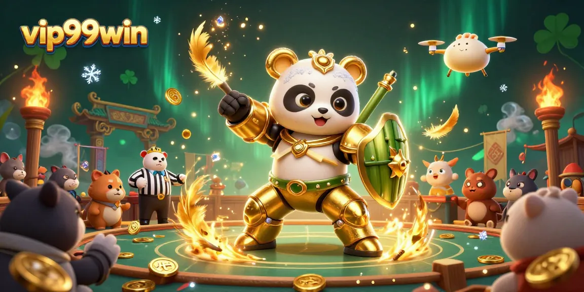 Engage with exciting games at vip99win featuring an epic panda robot battle scene in a dynamic gambling arena.