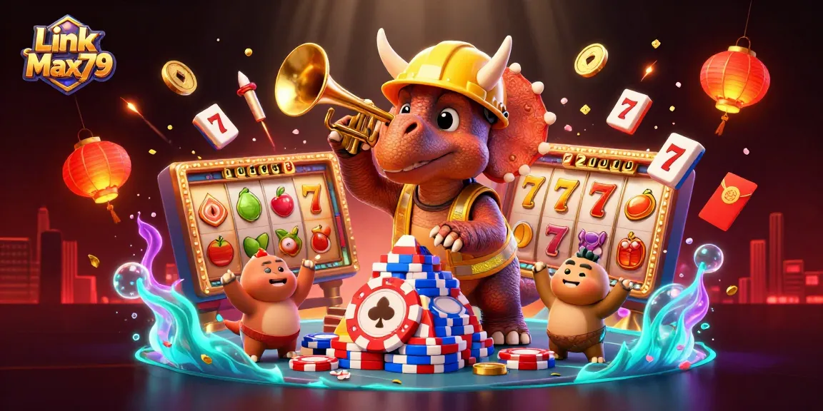 Experience excitement with Link Max79 featuring vibrant slot reels and casino-themed characters.
