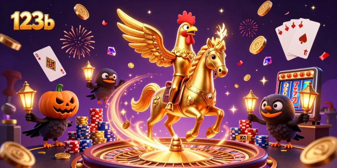 Engage with exhilarating gameplay at 123b, featuring a whimsical golden rooster in a vibrant casino scene.