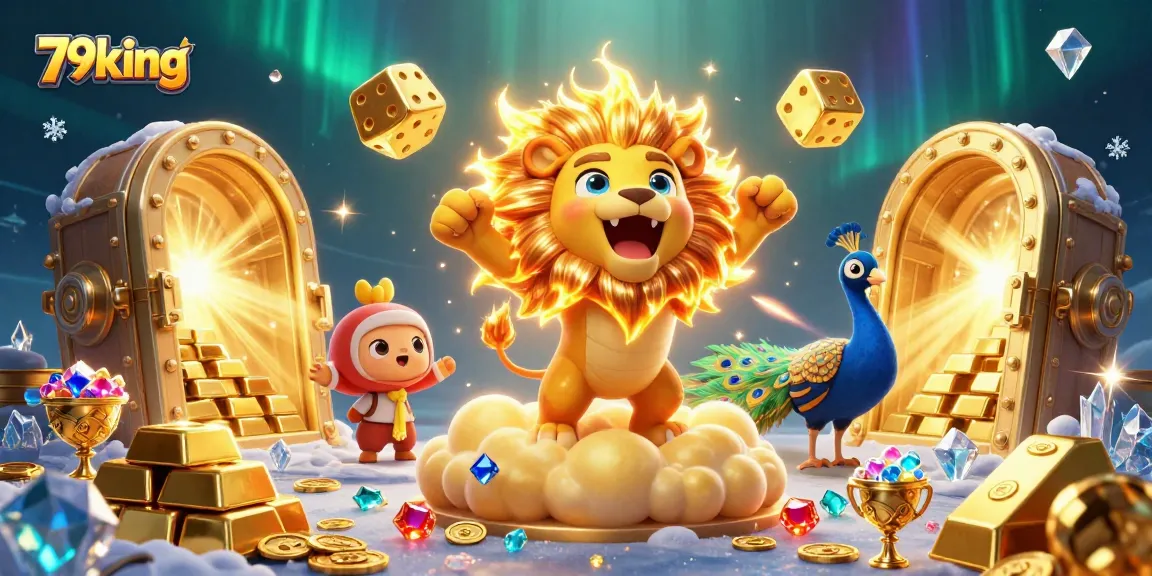Experience winning excitement at 79king with vibrant casino-themed 3D illustration showcasing roaring characters and dynamic gaming elements.
