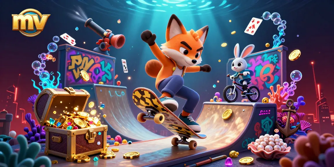 Experience thrilling mv action with a lively skateboarding fox and BMX rabbit amidst casino-themed elements.