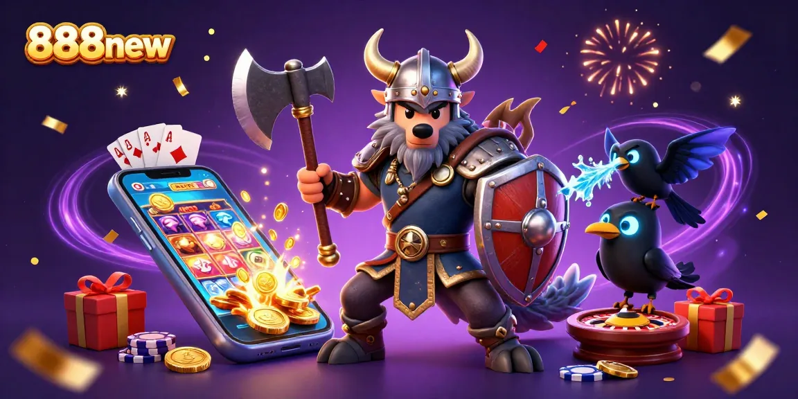 Engage with 888new's vibrant gambling adventure featuring a Viking warrior and dynamic gaming elements.