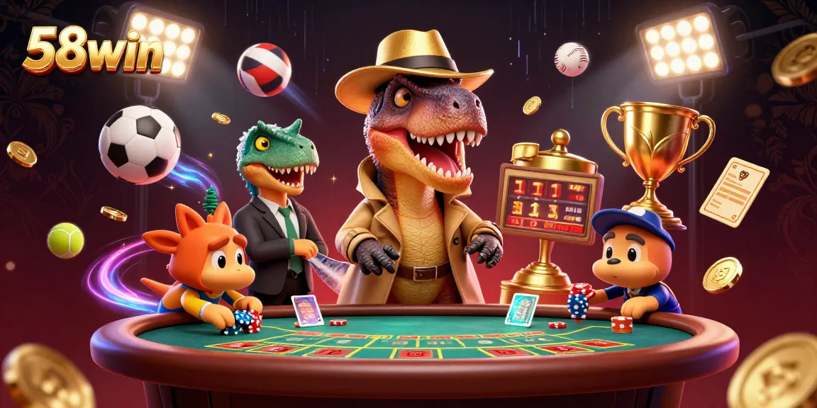 Experience thrilling gaming at 58win with an action-packed scene featuring dynamic casino elements.