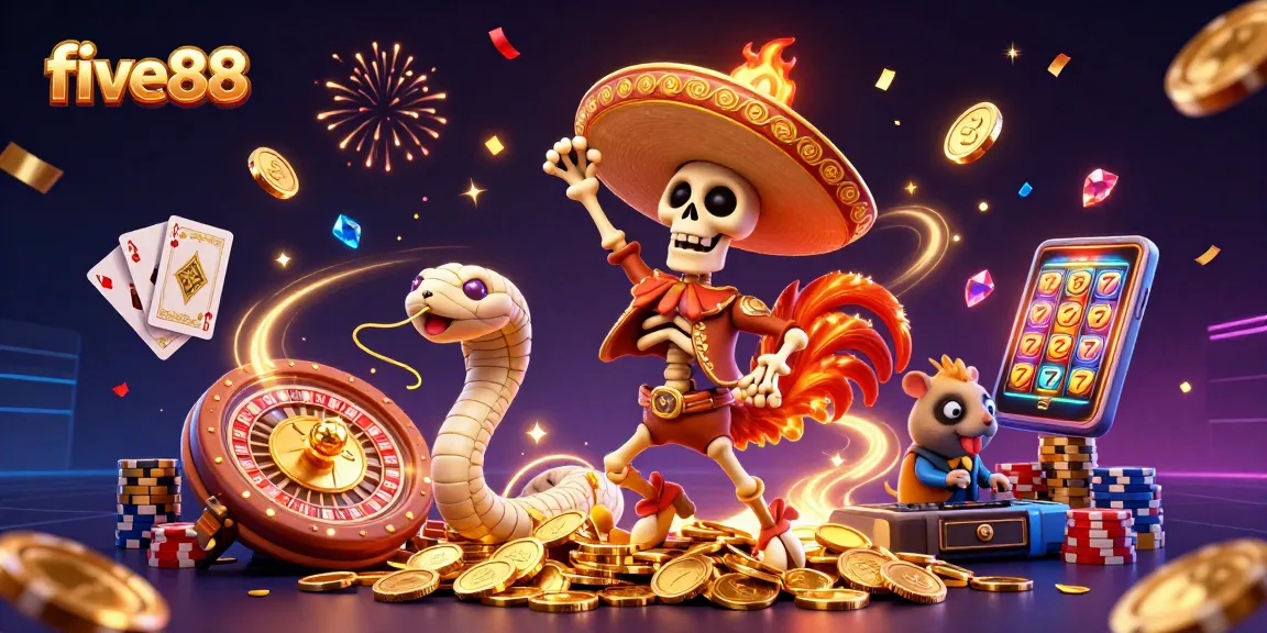 Experience the excitement of five88 with a festive illustration of casino characters celebrating winnings amidst gold coins and vibrant gaming elements.